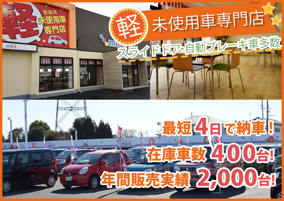 ミニック一宮店は地域トップクラスの信頼と実績!軽未使用車専門でスライドドア・自動ブレーキ車多数!年間販売2,000台/在庫車数400台!最短4日で納車!